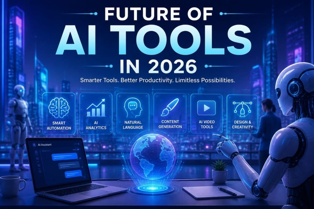 Future of AI tools in 2026 with futuristic smart technology and automation